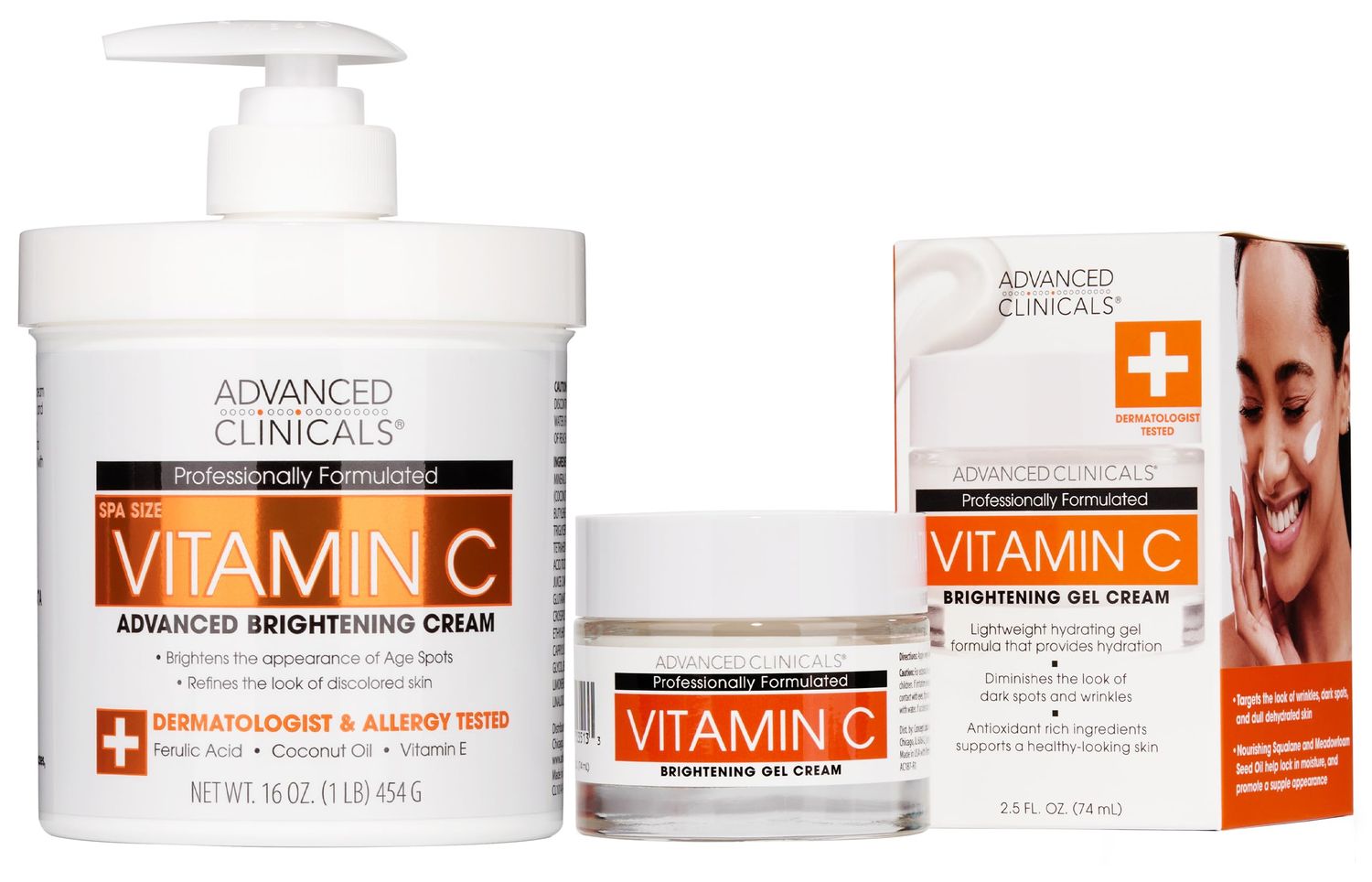 Advanced Clinicals Vitamin C Body Cream + Potent Vitamin C Face Lotion Brightening Skin Care Set, Anti Aging Dry Skin Rescue Creams Target Dry Skin, Sun Damaged Skin, Wrinkles, &amp; Dark Spots, 2-PC Set