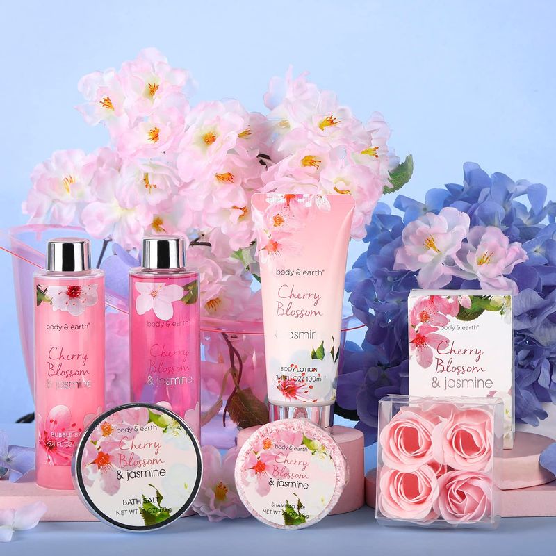 Gift Baskets for Women Body &amp; Earth Bath and Body Gift Set for Women, Cherry Blossom &amp; Jasmine Spa Gifts for Women Bath Gifts for Women, Regalos Para Mujer, Christmas Gifts for Women