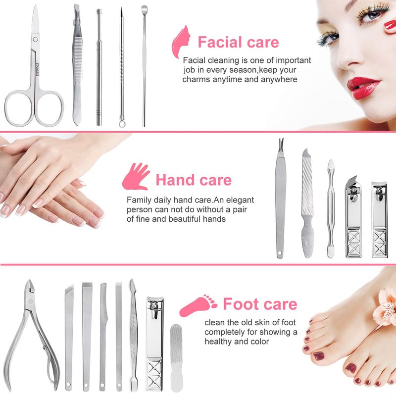 Gift for Women/Men,Nail Care kit Manicure Grooming Set with Travel Case - Yougai 18 Piece Stainless Steel Manicure Kit (Pink)