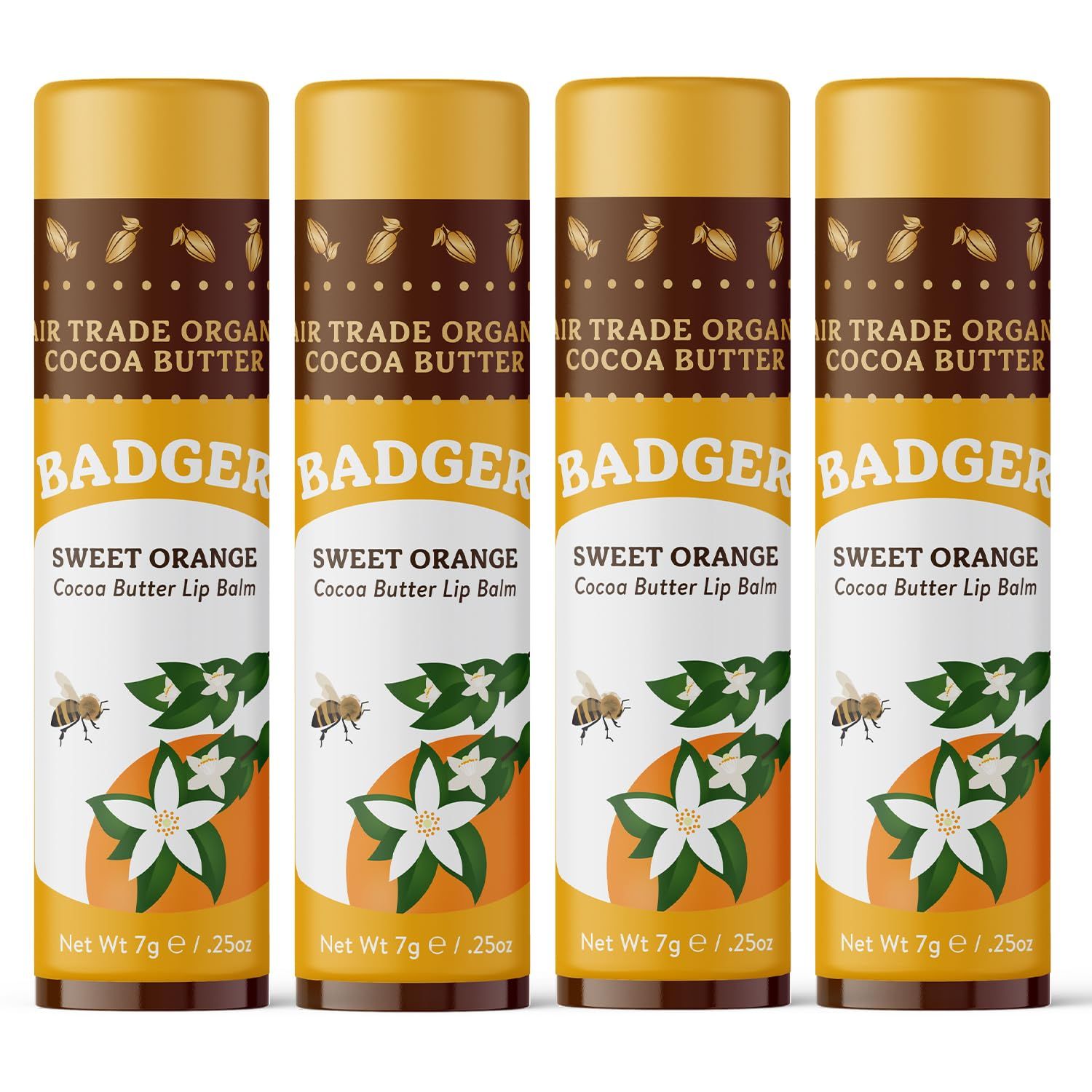 Badger - Cocoa Butter Lip Balm, Sweet Orange, Certified Organic Lip Balm, Fair Trade, Lip Butter, Lip Balm Cocoa Butter, Cocoa Care Lip Balm, 0.25 oz (4 Pack)