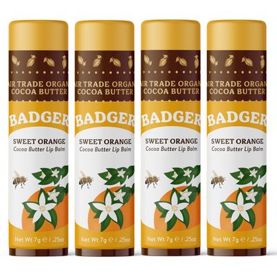 Badger - Cocoa Butter Lip Balm, Sweet Orange, Certified Organic Lip Balm, Fair Trade, Lip Butter, Lip Balm Cocoa Butter, Cocoa Care Lip Balm, 0.25 oz (4 Pack)