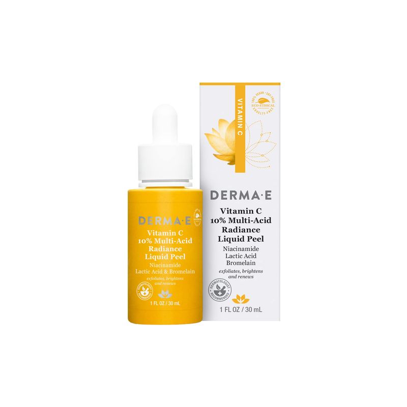 DERMA E Vitamin C 10% Multi-Acid Radiance Liquid Peel - Exfoliating and Brightening Skin Care Treatment with Niacinamide, Lactic Acid and Bromelain - For Uneven Tone and Discoloration, 1 Fl Oz