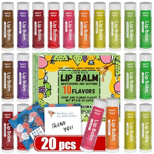 20 Pack Natural Lip Balm Bulk with Vitamin E and Coconut Oil Valentine&#39;s Day best choice - Moisturizing, Soothing, and Repairing Dry and Chapped Lips Valentine&#39;s Gift - 10 Flavors - Non-GMO