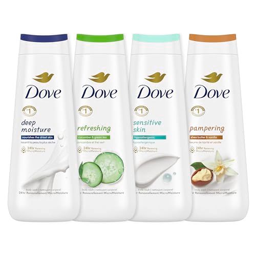Dove Body Wash Deep Moisture, Sensitive Skin, Cucumber and Green Tea, and Shea Butter &amp; Vanilla Collection 4 Count Skin Cleanser with 24hr Renewing MicroMoisture 20 oz