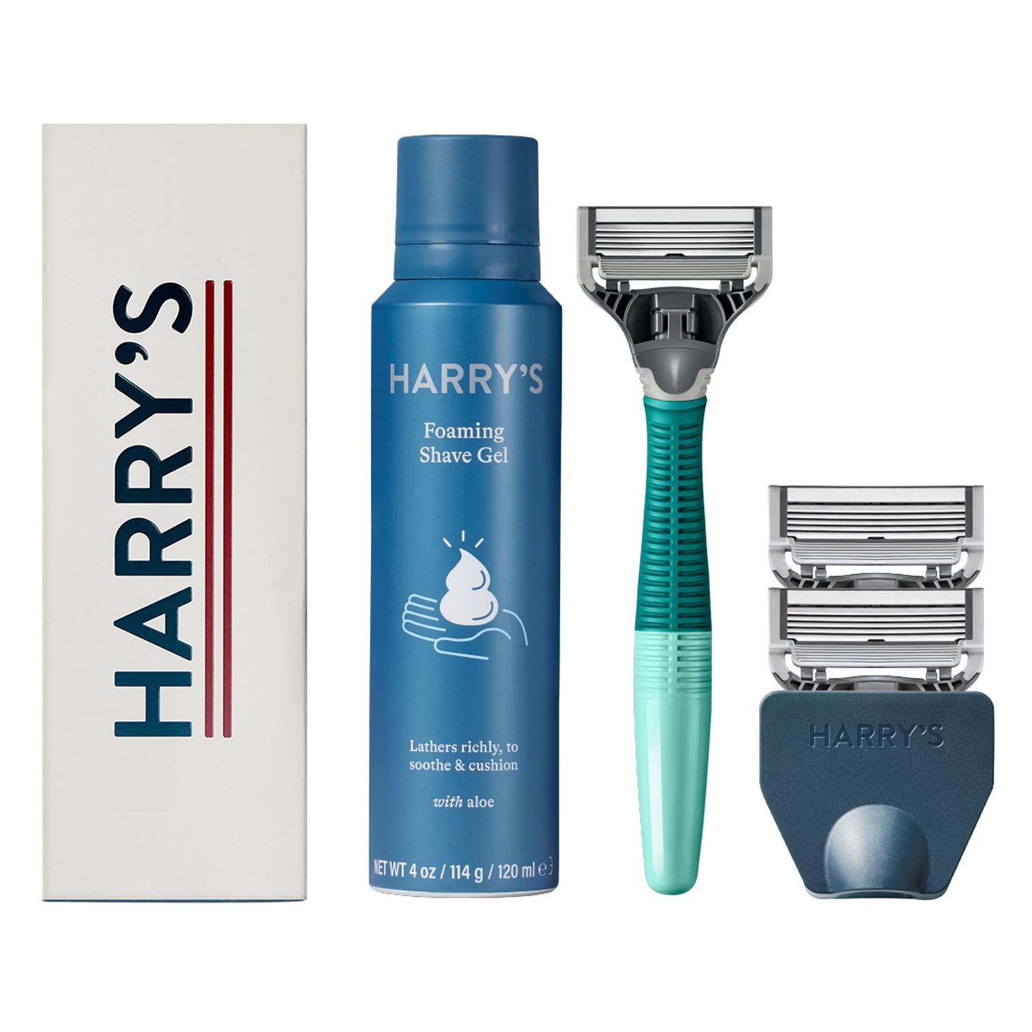 Harry&#39;s Shaving Kit for Men - Razor Handle, 3 Razor Blade Refills, Foaming Shave Gel, and Travel Blade Cover - Sage