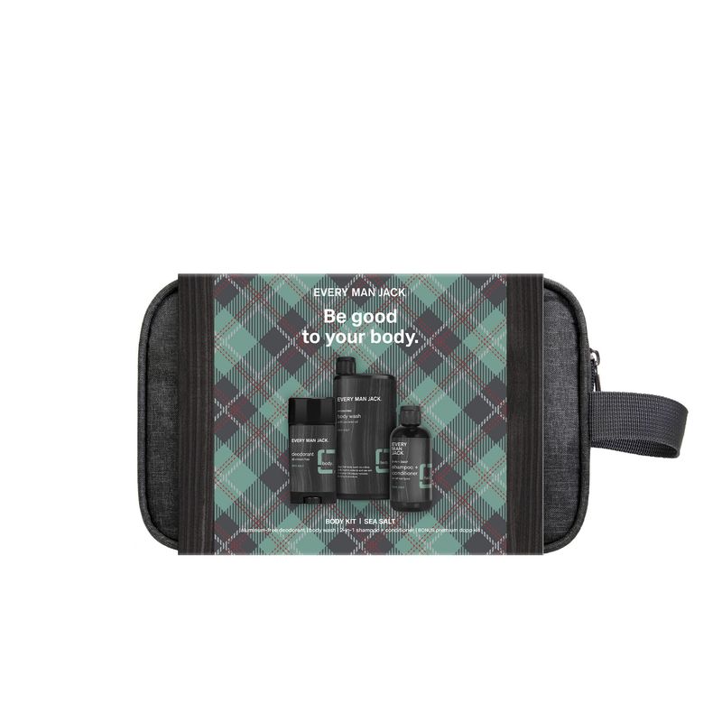 Every Man Jack Sea Salt Bath and Body Gift Set - Perfect for Every Guy - Three Grooming Essentials with Clean Ingredients - Body Wash, 2-in-1 Shampoo + Conditioner, Deodorant + Bonus Dopp Bag