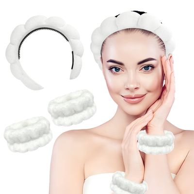 3Pcs Women&#39;s Cute White Spa Headbands with Face Wash Wristbands - Elastic Hair Bands for Skincare and Makeup