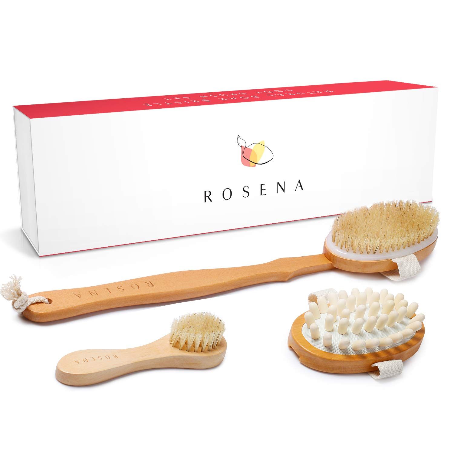 Dry Brushing Body Brush Set - Natural Bristle Spa Exfoliator Kit with Face Cleansing Brush, Long Dry Brushing Body Brush for Lymphatic Drainage &amp; Massaging Cellulite Brush for Smooth, Radiant Skin