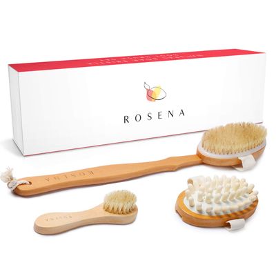 Dry Brushing Body Brush Set - Natural Bristle Spa Exfoliator Kit with Face Cleansing Brush, Long Dry Brushing Body Brush for Lymphatic Drainage &amp; Massaging Cellulite Brush for Smooth, Radiant Skin