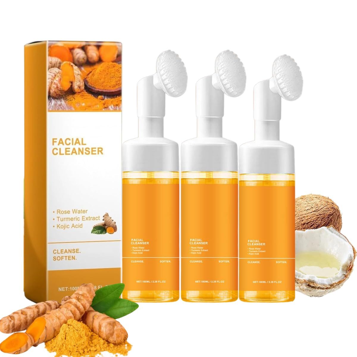 GRAONE 3PCS Turmeric Facial Cleanser, Turmeric Face Wash,Turmeric Foaming Cleanser for All Skin Deep Cleaning Moisturizing