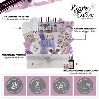 Christmas Gift Baskets for Women Spa Day! Natural Lavender Chamomile Spa Bath Sets for Women Gift Infused with Essential Oils. Sulfate Free Lavender Bath Set Spa Gift Set