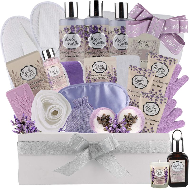 Christmas Gift Baskets for Women Spa Day! Natural Lavender Chamomile Spa Bath Sets for Women Gift Infused with Essential Oils. Sulfate Free Lavender Bath Set Spa Gift Set