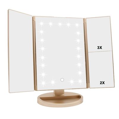 Flymiro Tri-fold Lighted Vanity Makeup Mirror with 3x/2x/1x Magnification, 21Leds Light and Touch Screen,180 Degree Free Rotation Countertop Cosmetic Mirror,Travel Makeup Mirror (Gold)