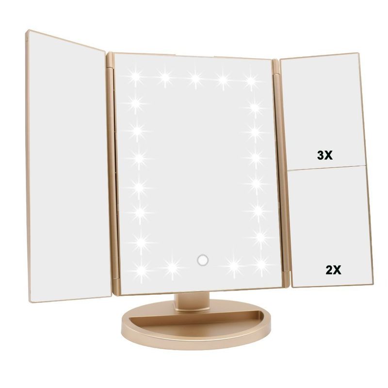 Flymiro Tri-fold Lighted Vanity Makeup Mirror with 3x/2x/1x Magnification, 21Leds Light and Touch Screen,180 Degree Free Rotation Countertop Cosmetic Mirror,Travel Makeup Mirror (Gold)
