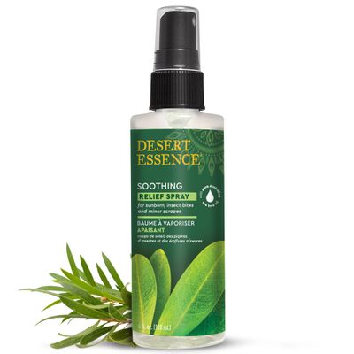 Desert Essence Relief Spray - 4 Fl Oz - Antiseptic Eco-Harvest Tea Tree Oil &amp; Other Essential Oils - Natural First Aid - Minor Burns - Sunburn - Insect Bites - Scrapes - May Comfort Aching Feet