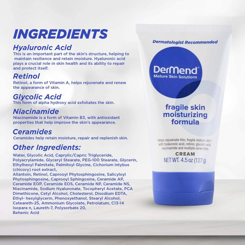 Dermend Specialized Fragile Skin Moisturizing Cream: Formula to Restore &amp; Rejuvenate Mature Skin - Daily Moisturizer &amp; Anti Wrinkle Cream for Firming &amp; Strengthening Thin, Aging Skin - 4.5 Oz Tube