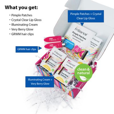 Frilliance Holiday Teen Gift Beauty &amp; Skincare Bundle, Pimple Patches, Clear Lip Gloss, Illuminating Cream &amp; Very Berry Glow Blush, Creaseless Hair Clips, Natural Vegan Hypo-Allergenic Cruelty-Free