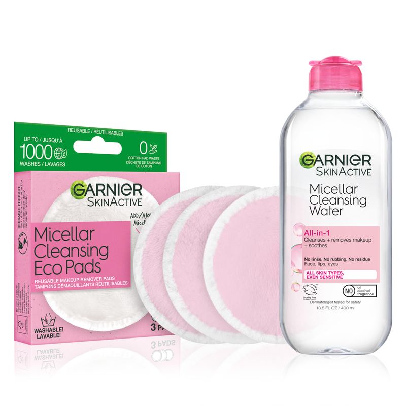 Garnier Micellar Water and Eco Pad Starter Kit, All-In-1 Facial Cleanser &amp; Makeup Remover and 3 Piece Reusable Makeup Remover Pads Set