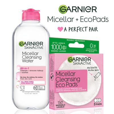 Garnier Micellar Water and Eco Pad Starter Kit, All-In-1 Facial Cleanser &amp; Makeup Remover and 3 Piece Reusable Makeup Remover Pads Set