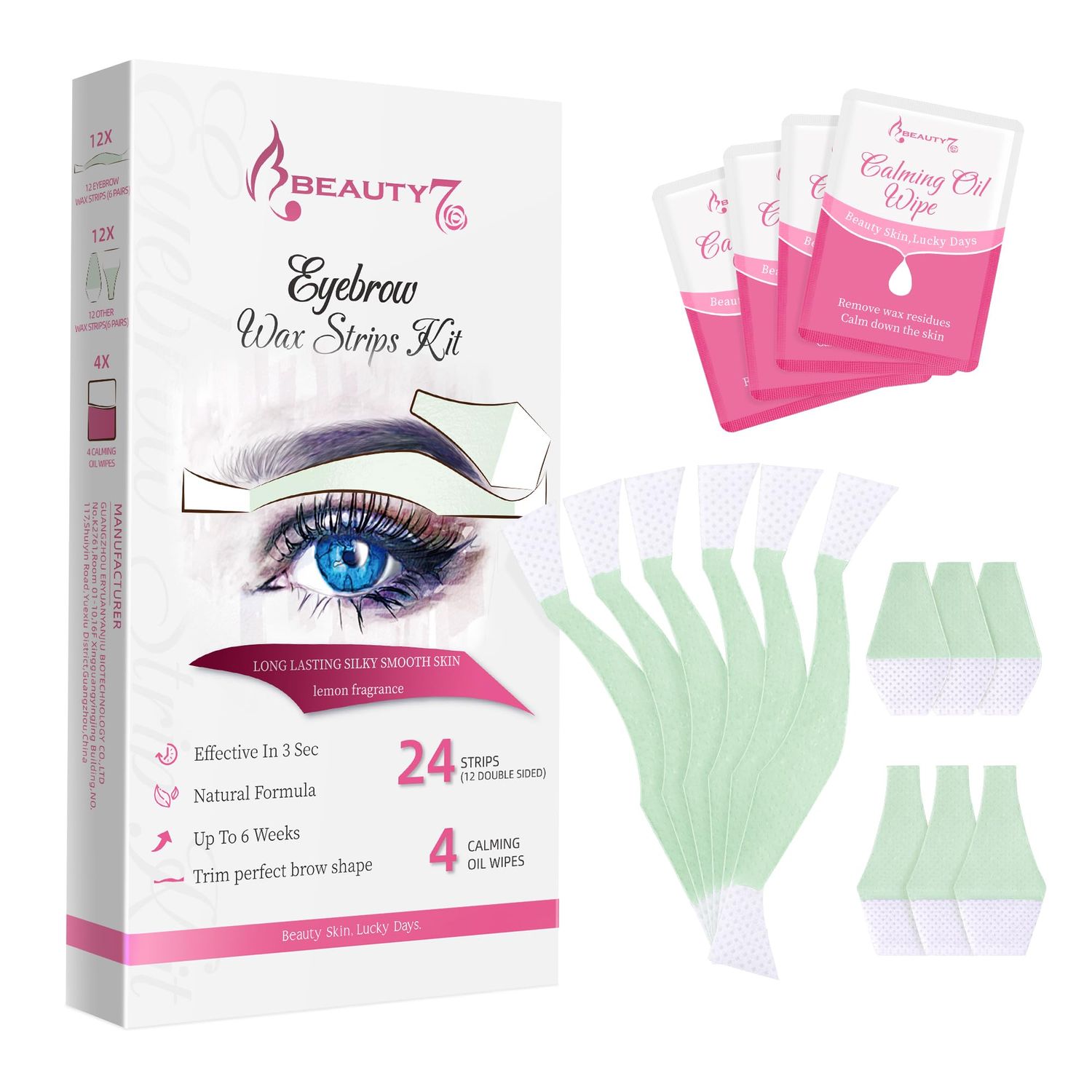 Beauty7 Facial Wax Strips Hair Removal Eyebrow Wax Strips Kit Fit Wax Strips Eyebrow Shaper at Home Waxing 24 Strips 4 Calming Oil Wipes for Sensitive All Skin Types for Women