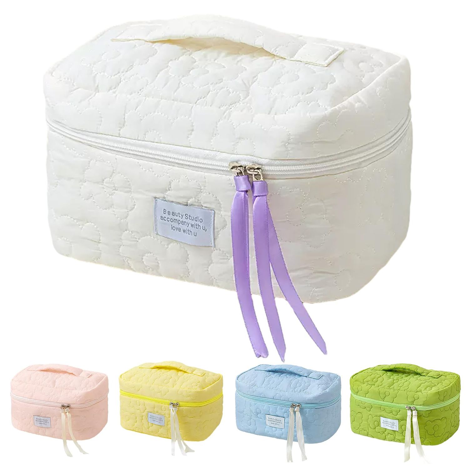 Floral Makeup Case, Cotton Inserts Puffy Quilted Makeup Toiletry Bag, Large Capacity Cosmetic Pouch, Daily Travel Use Skincare Bag with Handles, Multipurpose Organizer Bag (Creamy White)