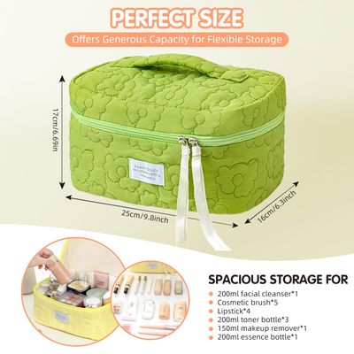 Floral Makeup Case, Cotton Inserts Puffy Quilted Makeup Toiletry Bag, Large Capacity Cosmetic Pouch, Daily Travel Use Skincare Bag with Handles, Multipurpose Organizer Bag (Creamy White)