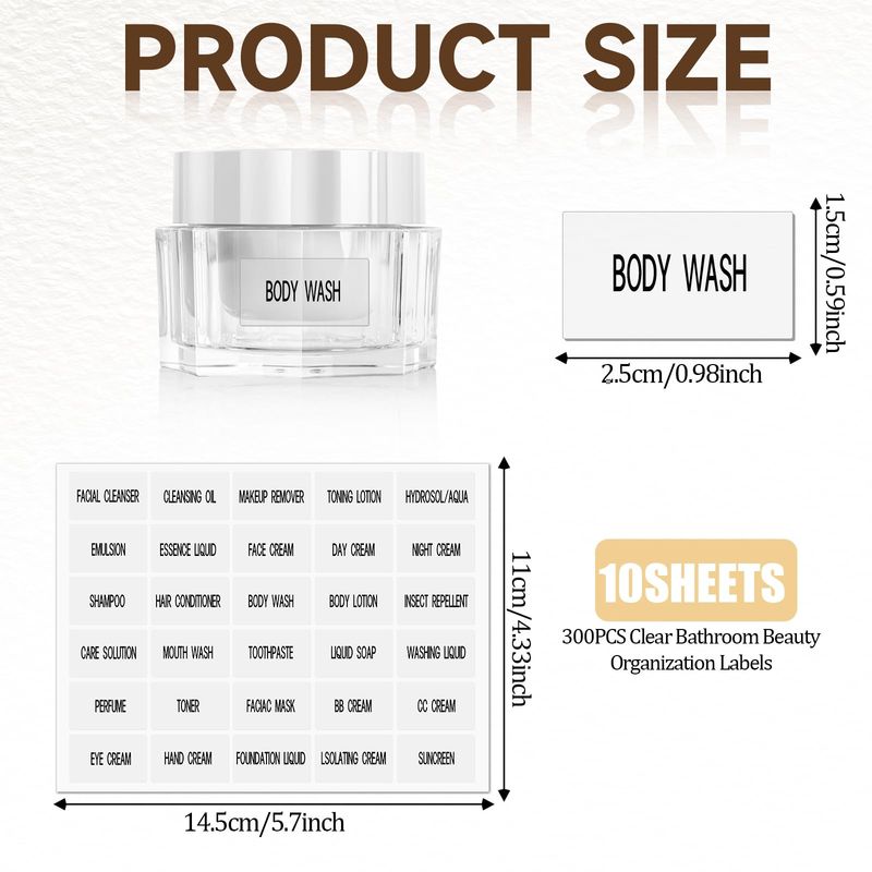 300 PCS Waterproof Labels for Travel Size Bottles, Clear Bathroom Beauty Organization Labels, Travel Bottle Labels Skin Care Product Labels for Lotion Cream Body Wash Shampoo