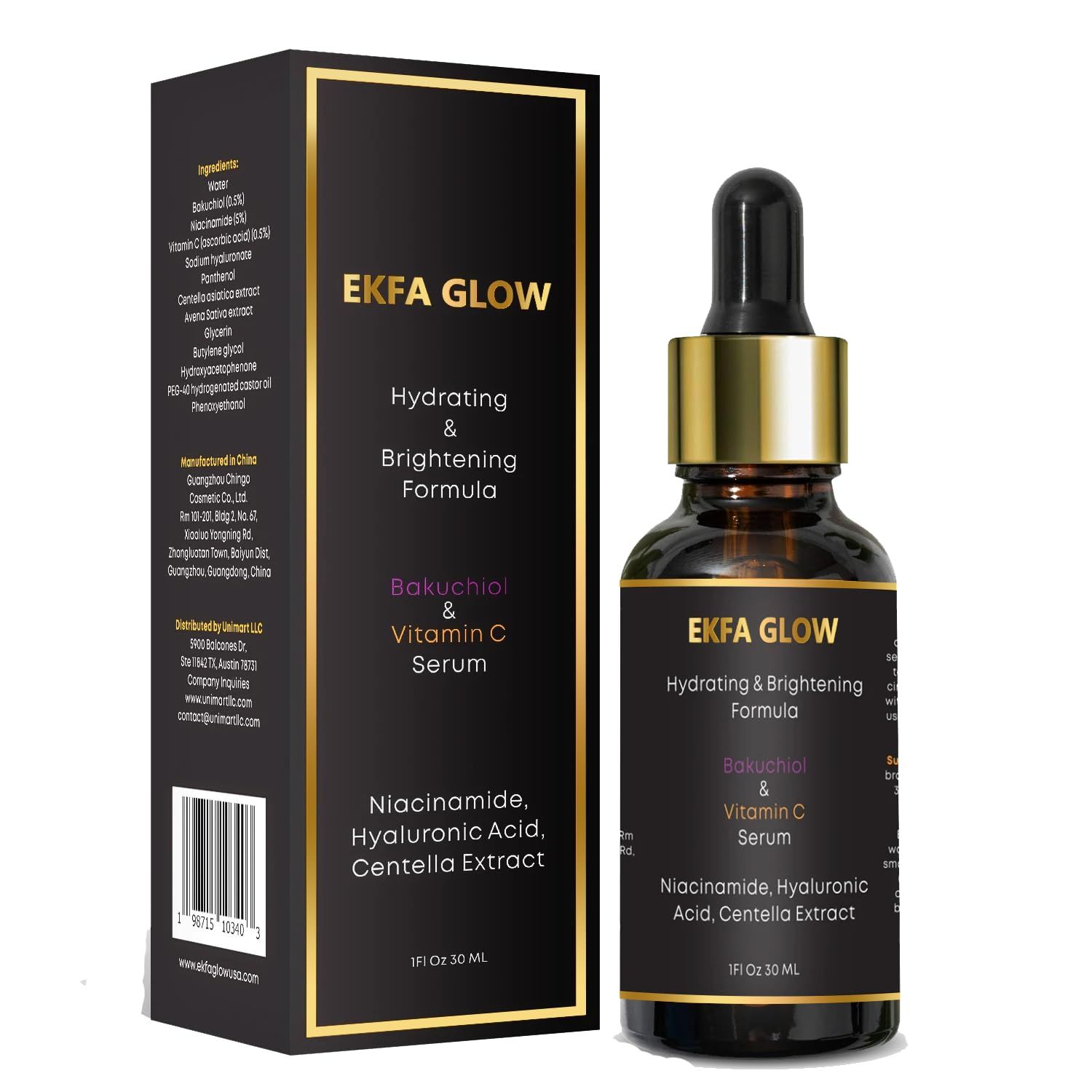 Ekfa Glow Brightening &amp; Anti-Aging Bakuchiol Vitamin C Serum - Reduces Wrinkles, Diminishes Dark Spots, Hydrates &amp; Smooths Skin with Niacinamide &amp; Hyaluronic Acid | Fragrance-Free, 30ml