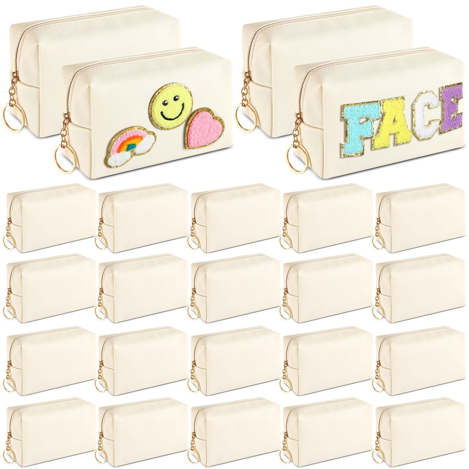 Chunful 24 Pcs Preppy Makeup Bag PU Leather Cosmetic Bag Bulk Makeup Pouch Plain Cosmetic Pouch Waterproof Toiletry Bags for Women Traveling Preppy Pencil Case Travel Purse Cosmetic (Beige)