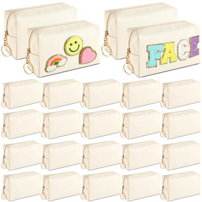 Chunful 24 Pcs Preppy Makeup Bag PU Leather Cosmetic Bag Bulk Makeup Pouch Plain Cosmetic Pouch Waterproof Toiletry Bags for Women Traveling Preppy Pencil Case Travel Purse Cosmetic (Beige)