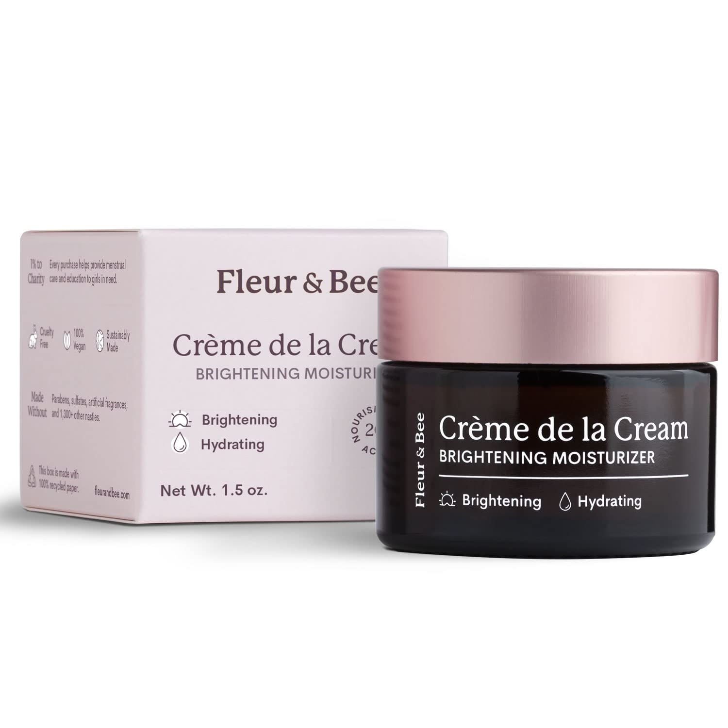 FLEUR &amp; BEE Brightening Moisturizer | Clean, 100% Vegan | Anti Aging, Wrinkle Cream with Vitamin C | Wrinkles, Hyperpigmentation &amp; Dark Spot Corrector for Face | Crme de la Cream 1.5 oz