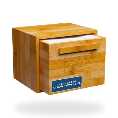 Clean Skin Club Luxe Bamboo Box with Drawer &amp; Towels XL, Face Towel, Disposable Makeup Remover Dry Wipes, Facial Wash (Bamboo Container Drawer)