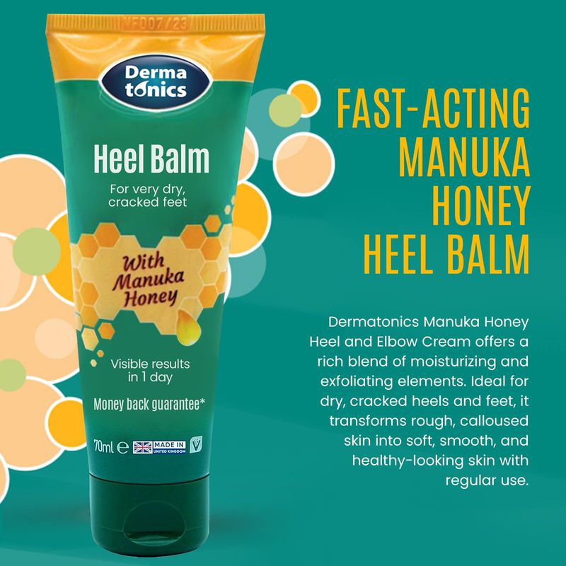 Dermatonics Manuka Honey Heel &amp; Elbow Cream - Moisturizing &amp; Exfoliating Care for Dry, Cracked Heels &amp; Feet, Softening Callus Remover, Hydrating Foot Balm for Smooth, Healthy Skin - 2.37 fl oz Tube
