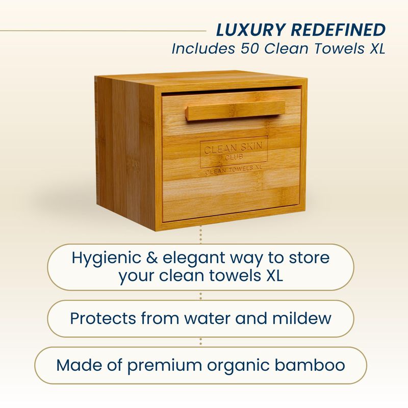 Clean Skin Club Luxe Bamboo Box with Drawer &amp; Towels XL, Face Towel, Disposable Makeup Remover Dry Wipes, Facial Wash (Bamboo Container Drawer)