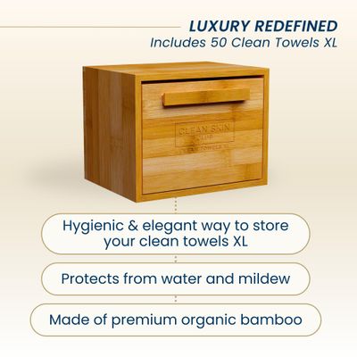Clean Skin Club Luxe Bamboo Box with Drawer &amp; Towels XL, Face Towel, Disposable Makeup Remover Dry Wipes, Facial Wash (Bamboo Container Drawer)