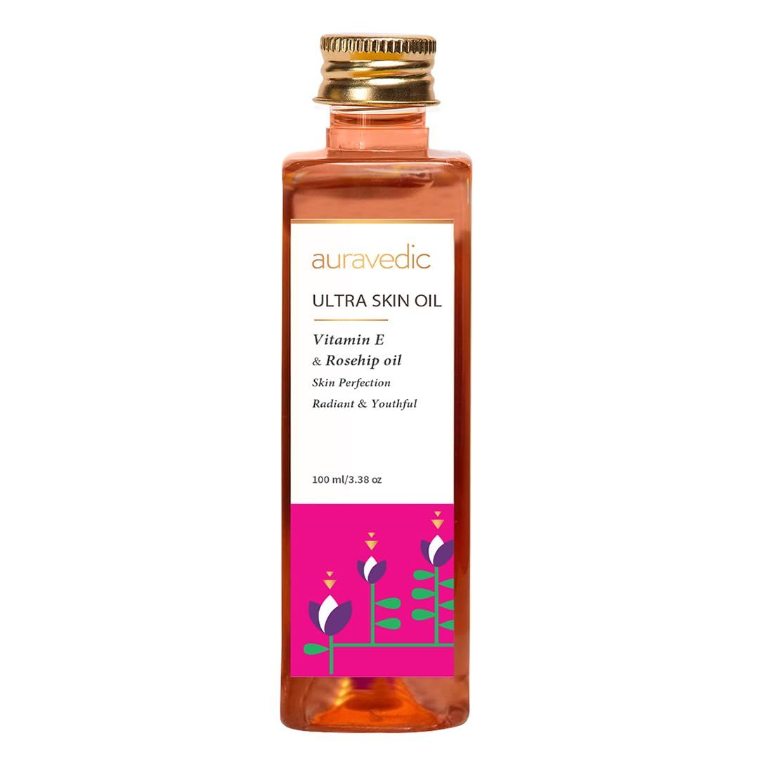 Auravedic Ultra Skin Face Oil | with Vitamin E and Rosehip | Natural &amp; Organic Skin Moisturizer | Ayurvedic Facial Massage Oil | 3.38 Fl Oz/100 ml