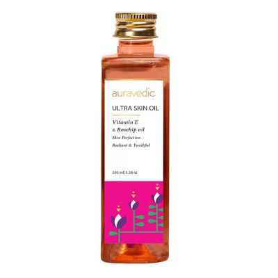 Auravedic Ultra Skin Face Oil | with Vitamin E and Rosehip | Natural &amp; Organic Skin Moisturizer | Ayurvedic Facial Massage Oil | 3.38 Fl Oz/100 ml