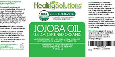 Healing Solutions - Jojoba Oil Organic 4oz Cold Pressed Unrefined for Skin, Hair, Face & Cuticle Moisturizer, Acne Fighter - 118ml - Jojoba Oil Organic for Skin - Jojoba Oil for Face