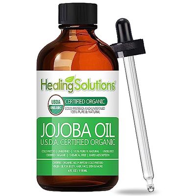 Healing Solutions - Jojoba Oil Organic 4oz Cold Pressed Unrefined for Skin, Hair, Face &amp; Cuticle Moisturizer, Acne Fighter - 118ml - Jojoba Oil Organic for Skin - Jojoba Oil for Face