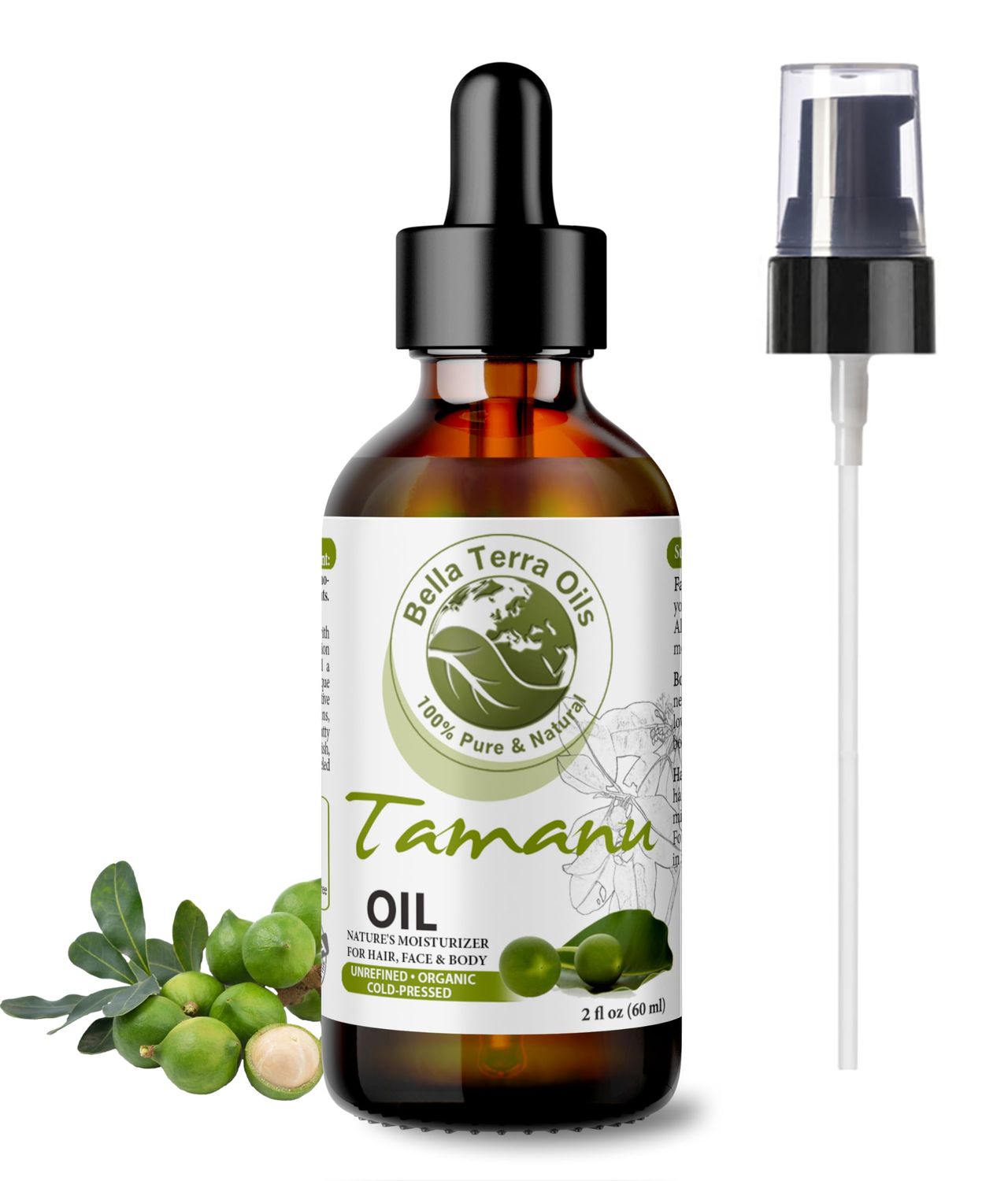 Bella Terra Oils - Organic Tamanu Oil 2oz - Celebrate Skin&#39;s Vitality, Naturally Rich in Fatty Acids &amp; Vitamins, Distilled Essence from Pure Organic Tamanu Seeds