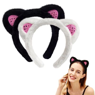 Ewaycom 2Pcs Black and White Cat Ears Headband for Women Cute Plush Cat Ear Hairband Adult household Soft and Sturdy Washing Face Headbands for Skincare Makeup Halloween Cosplay Party