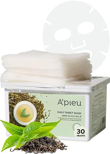 A&#39;PIEU Daily Sheet Mask (Green Tea) - Moisturizing Korean Face Masks, 30-day supply, Lyocell fabric for comfort, Saturated with Green Tea Extract Essence