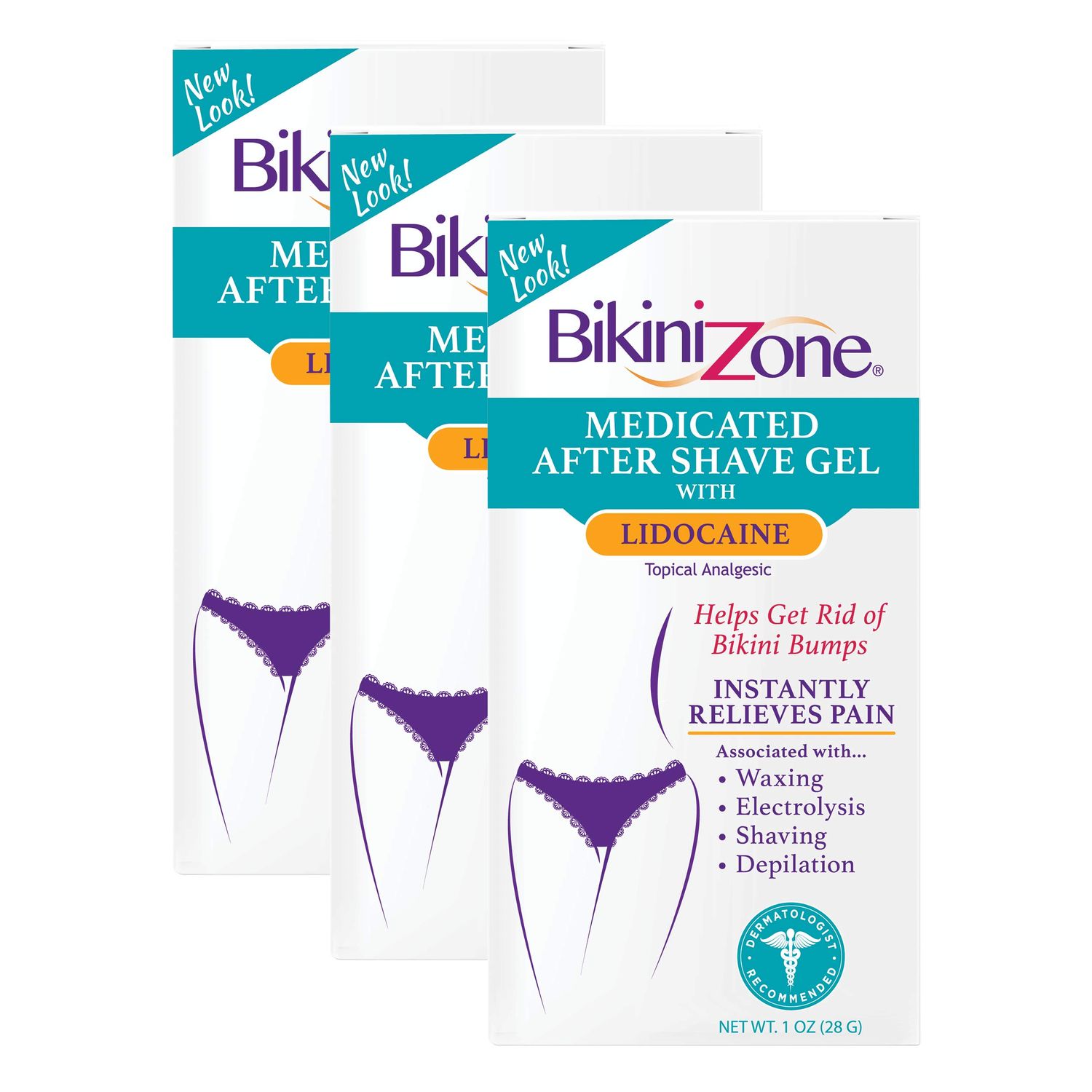 Bikini Zone Medicated After Shave Gel Lidocaine Razor Bump Relief, 1 Oz, 3 Pack