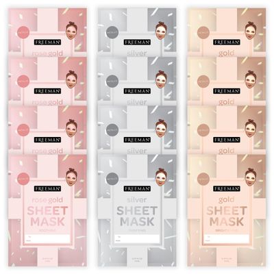 Freeman Limited Edition Christmas Metallic Sheet Masks, Variety 12 Pack, Luminizing Gold, Purifying Silver, Soothing Rose Gold, Perfect for Wife, Spouse, Girlfriend, or Daughter