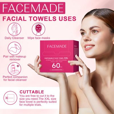 FACEMADE 60 Ct Disposable Face Towels XXL, Face Towelettes for Makeup and Clean, Super Soft and Thick Dry Wipes, USDA Certified 100% Biobased, Rose