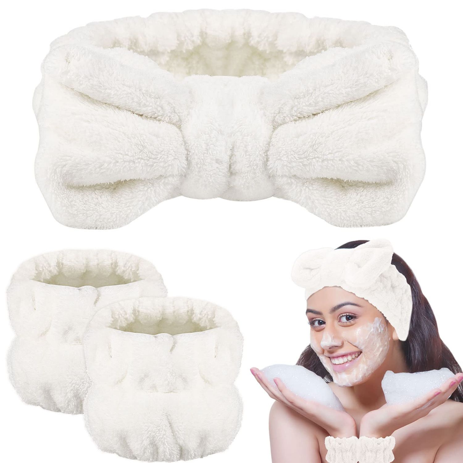 BESARME 3 Pieces Face Wash Headband and Wristband Set Spa Headband for Women Girls Makeup Skincare Headbands Wrist Towels Wrist Bands for Washing Face