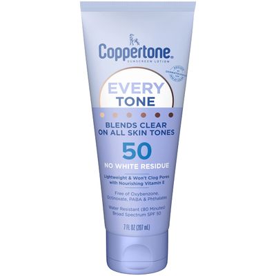 Coppertone Every Tone Sunscreen Lotion SPF 50, Lightweight, Rubs on Clear Sunscreen for All Skin Tones, Formulated with Nourishing Vitamin E, 7 Fl Oz Tube