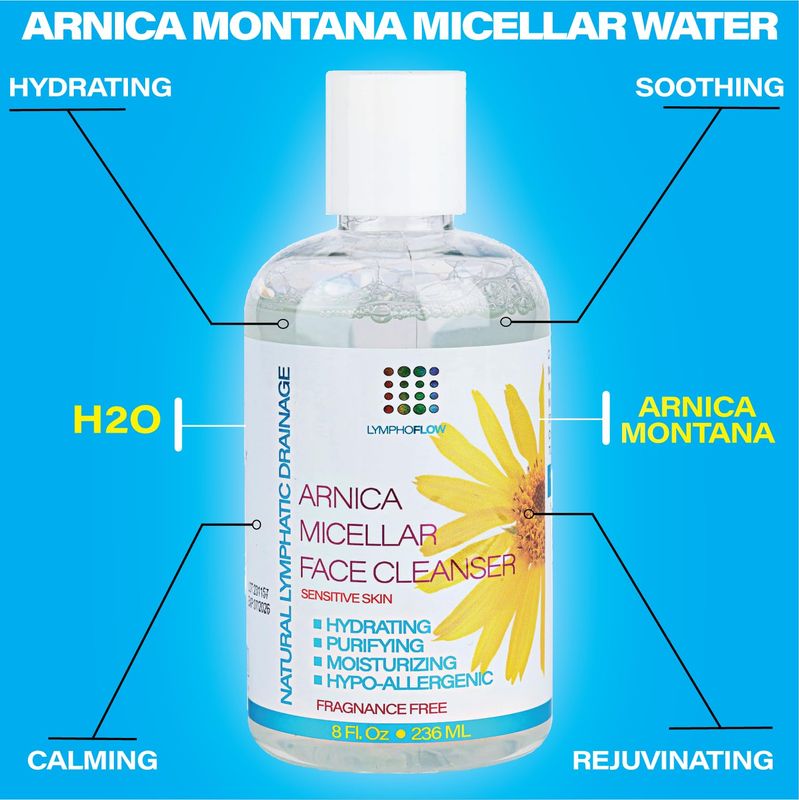 Arnica Montana Micellar Cleansing Water, Facial Cleanser &amp; Makeup Remover, Suitable for All Skin Types, Use for Natural Lymphatic Drainage, Reduces Face Puffiness, Daily Skin Care, 8 Fl Oz