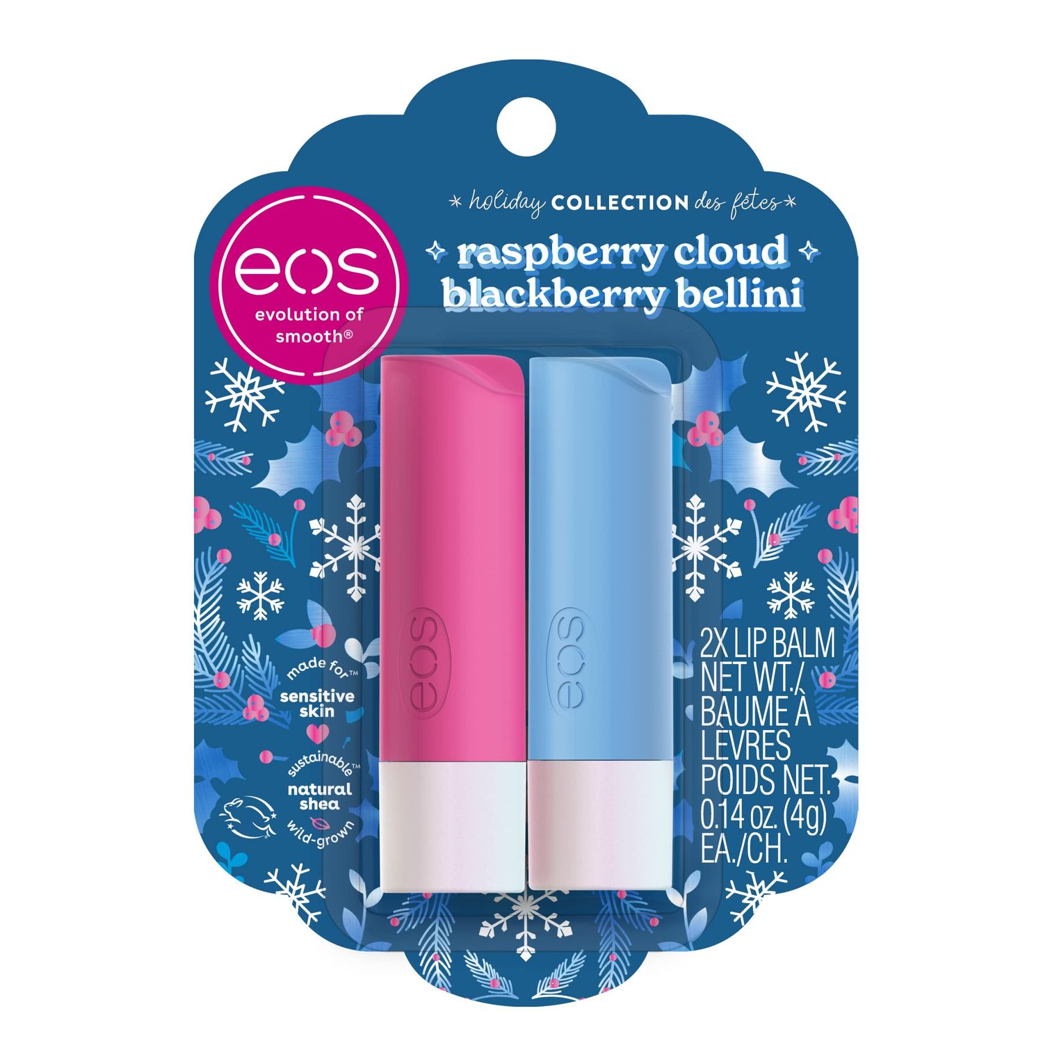 EOS Limited Edition Holiday Lip Balm, Raspberry Cloud &amp; Blackberry Bellini, All-Day Moisture, Made for Sensitive Skin, 0.14 oz, 2-Pack, Clear