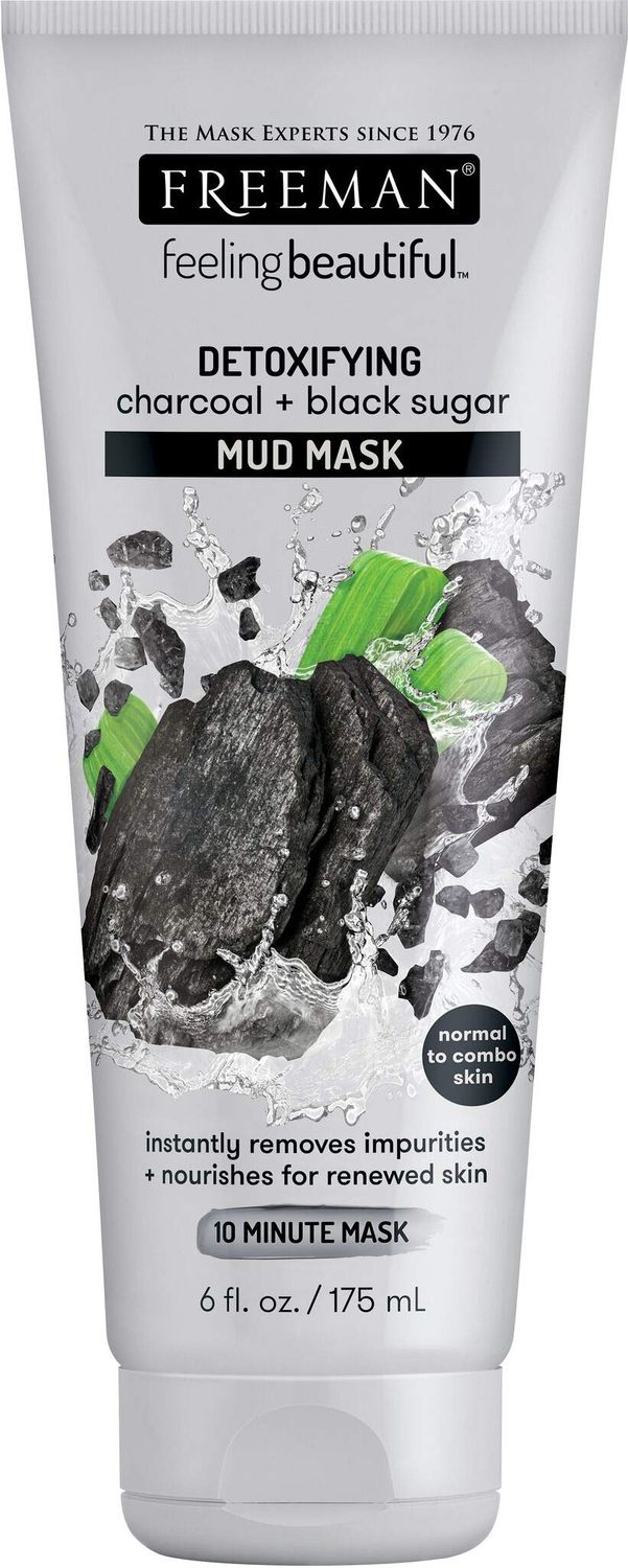 Freeman Detoxifying Charcoal &amp; Black Sugar Mud Mask, Hydrating and Oil Absorbing Facial Mask, 6 fl oz tube/175 mL